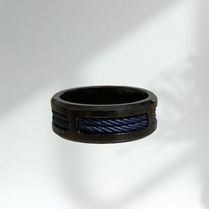 MGW Mens Ring 8.25 Black Stainless Steel Metal Blue Cord Inlay Nautical 8 mm
